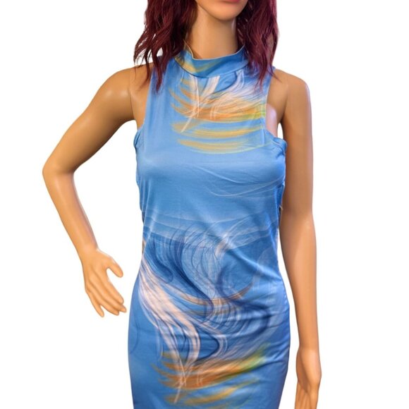 Summer Paradise Sleeveless Cut-Out Bodycon Dress in Blue/Gold Size Medium - Picture 5 of 9